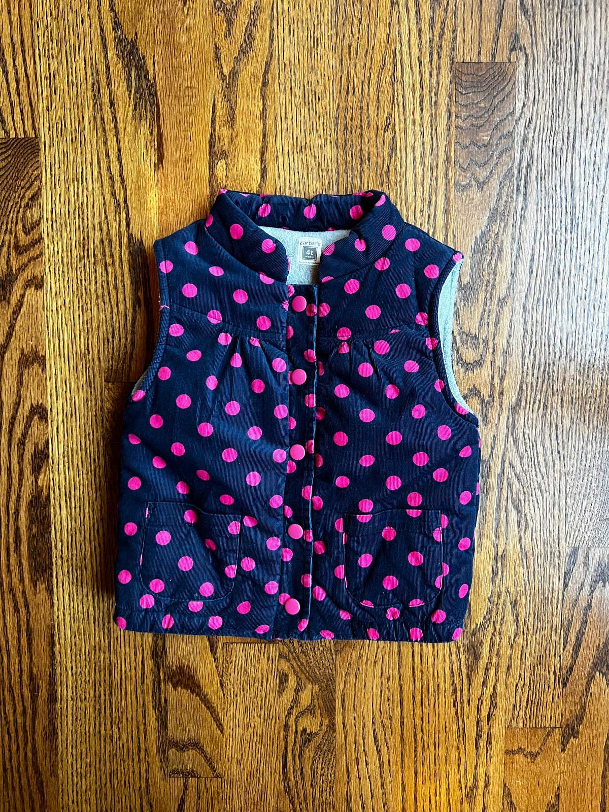 Seller #115 - Carter’s Girls 4T Navy Blue Corduroy Vest with Pink Polka Dots, VGUC