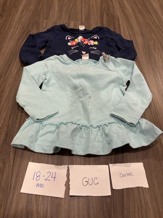 #138 - 18-24 Mo - GUC Carters - 2 LS tops (Navy Cat and Light Blue) - PU 45236