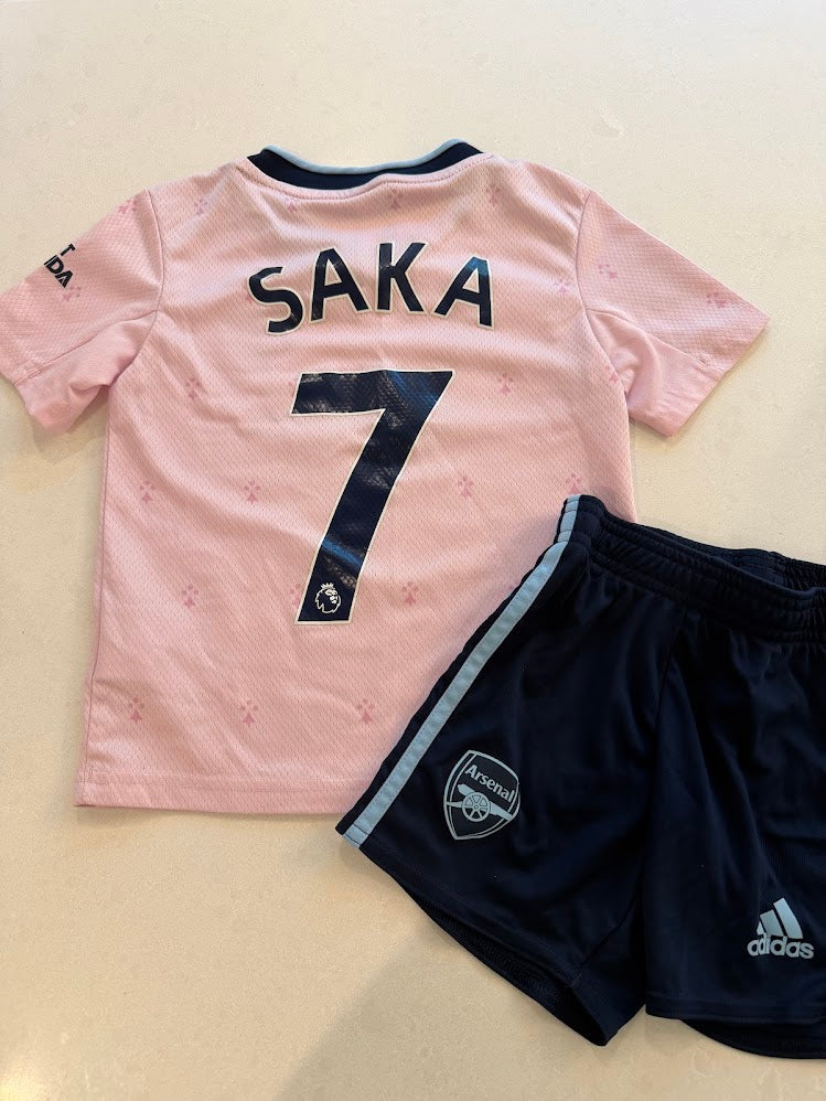 #9 Kids 4T Arsenal Soccer Jersey Kit Set #7 Saka VGUC