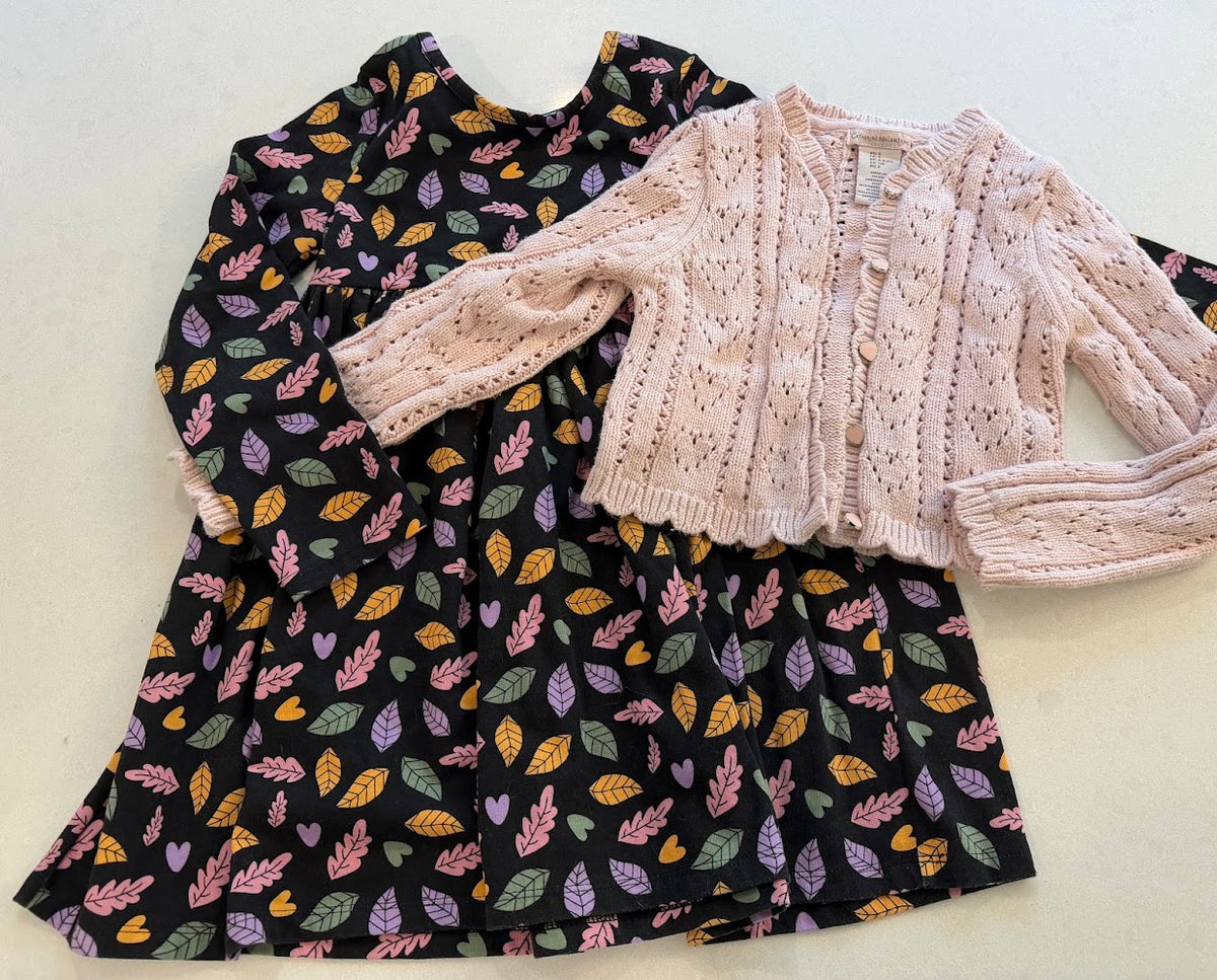 #9 Girls Size 5 Bundle - Fall Leaf Dress + Light Pink Cardigan Sweater _ VGUC