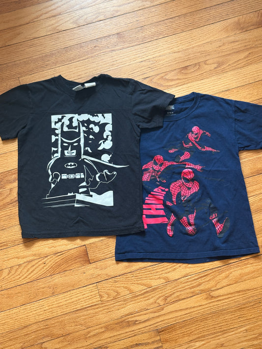 #163 Lego Batman & Spiderman T-Shirts - size M/8 - EUC