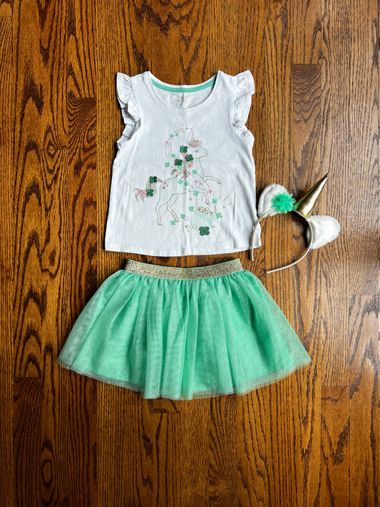 Seller #115 - Maggie & Zoe Girls 4 (XS) St. Patrick’s Day Outfit (Unicorn Tee, Green Tutu, Headband), GUC
