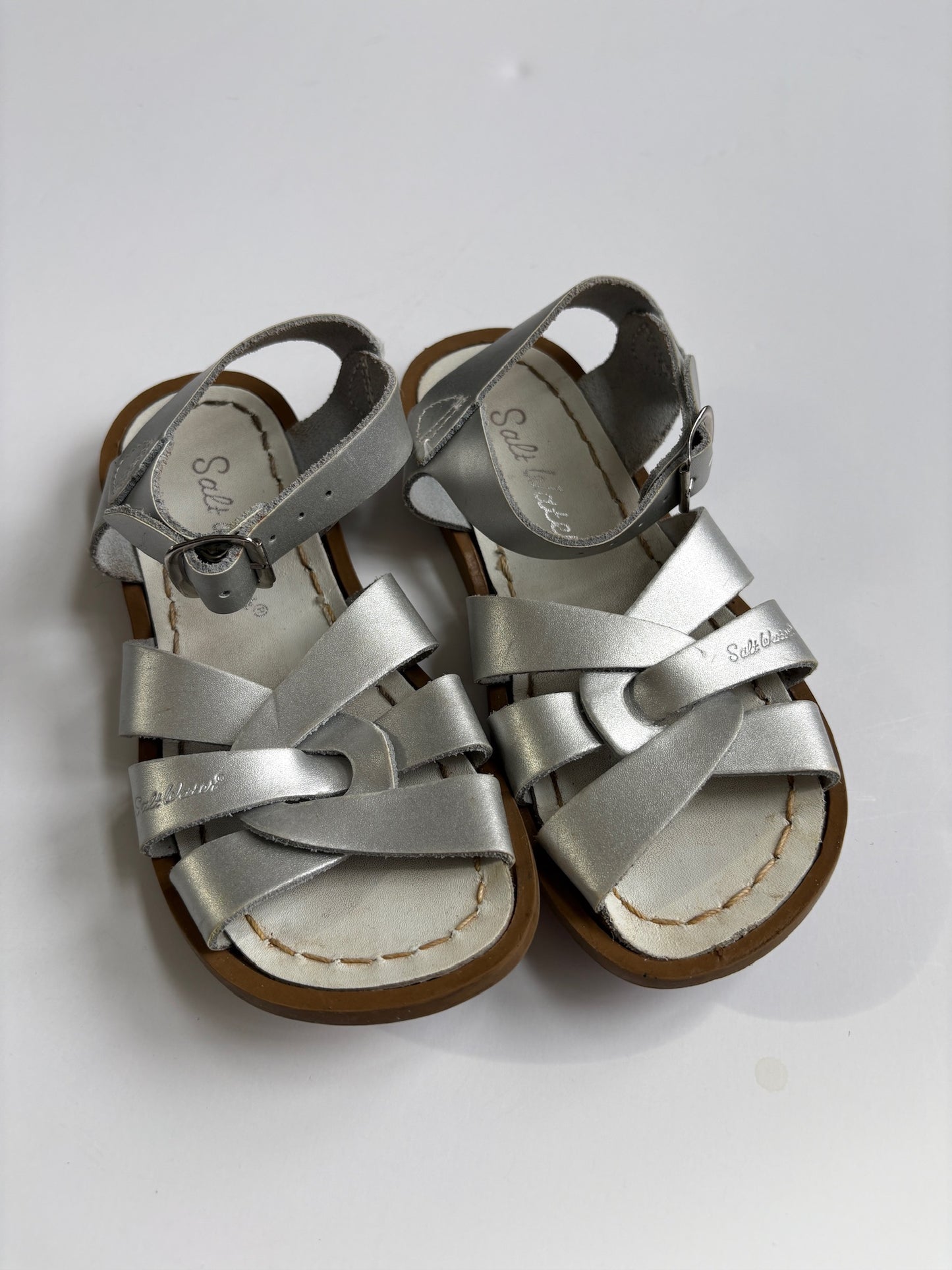 Seller #105 - Size 10c Girls Silver Saltwater Sandals GUC
