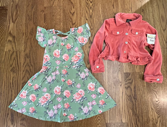 #33 Girls 4T Green Floral Print Dress with Salmon/Peach Jacket (Jacket NWT, Dress GUC)