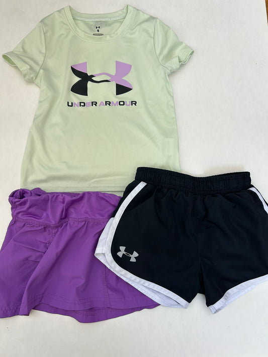 #6 Girls 4T Under Armour light green and purple dry fit shorts and purple Champion skirt