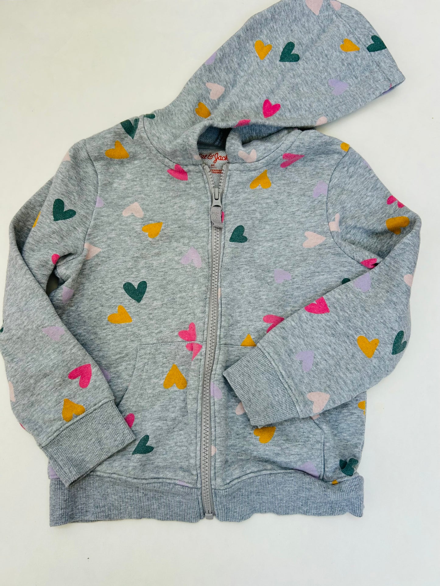 #6 Girls 5T Cat & Jack gray hearts full zip hooded sweatshirt