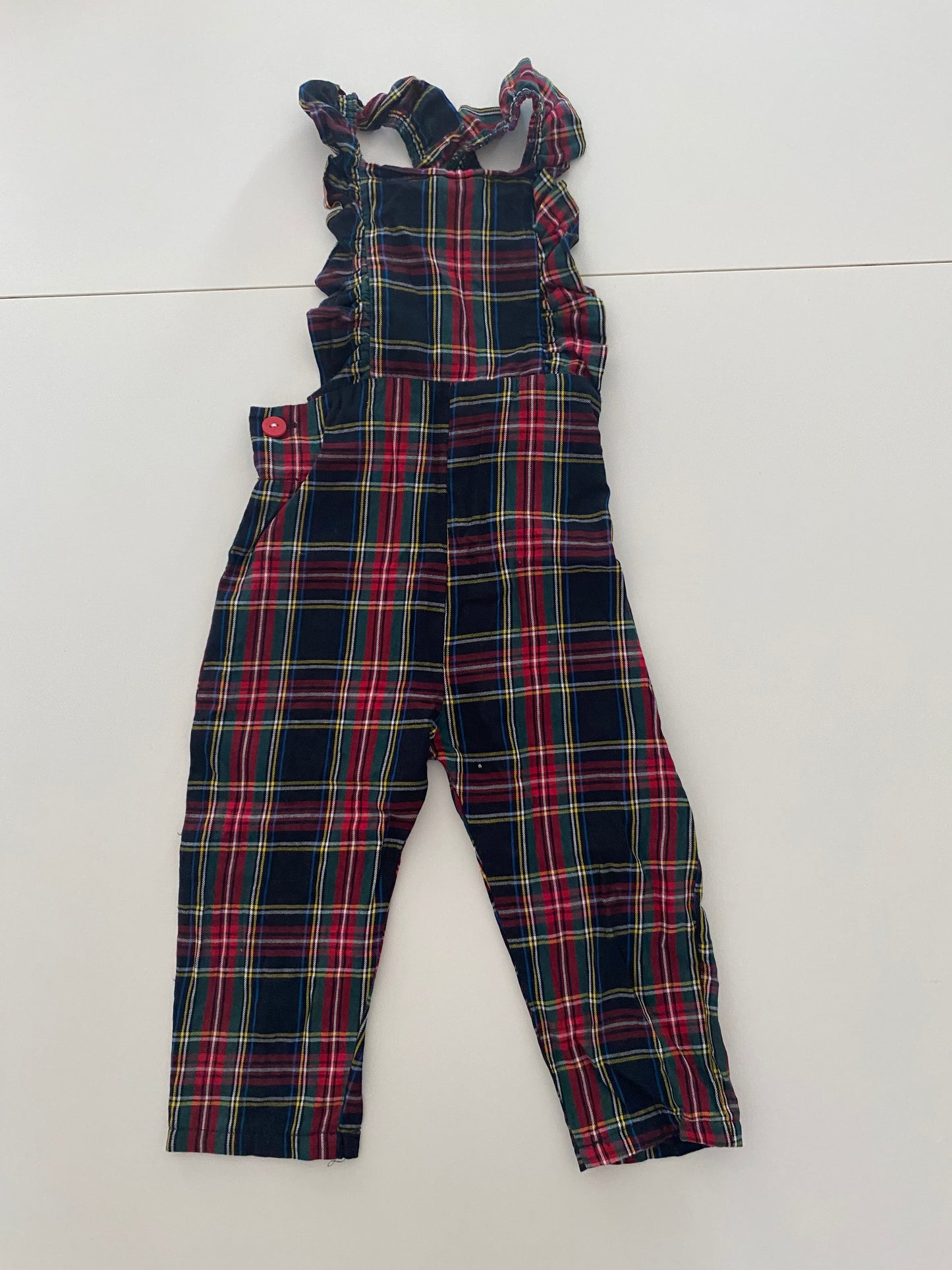 #84B-Girls 2T, Smiling Button Holli Plaid Ruffle Romper, VGUC