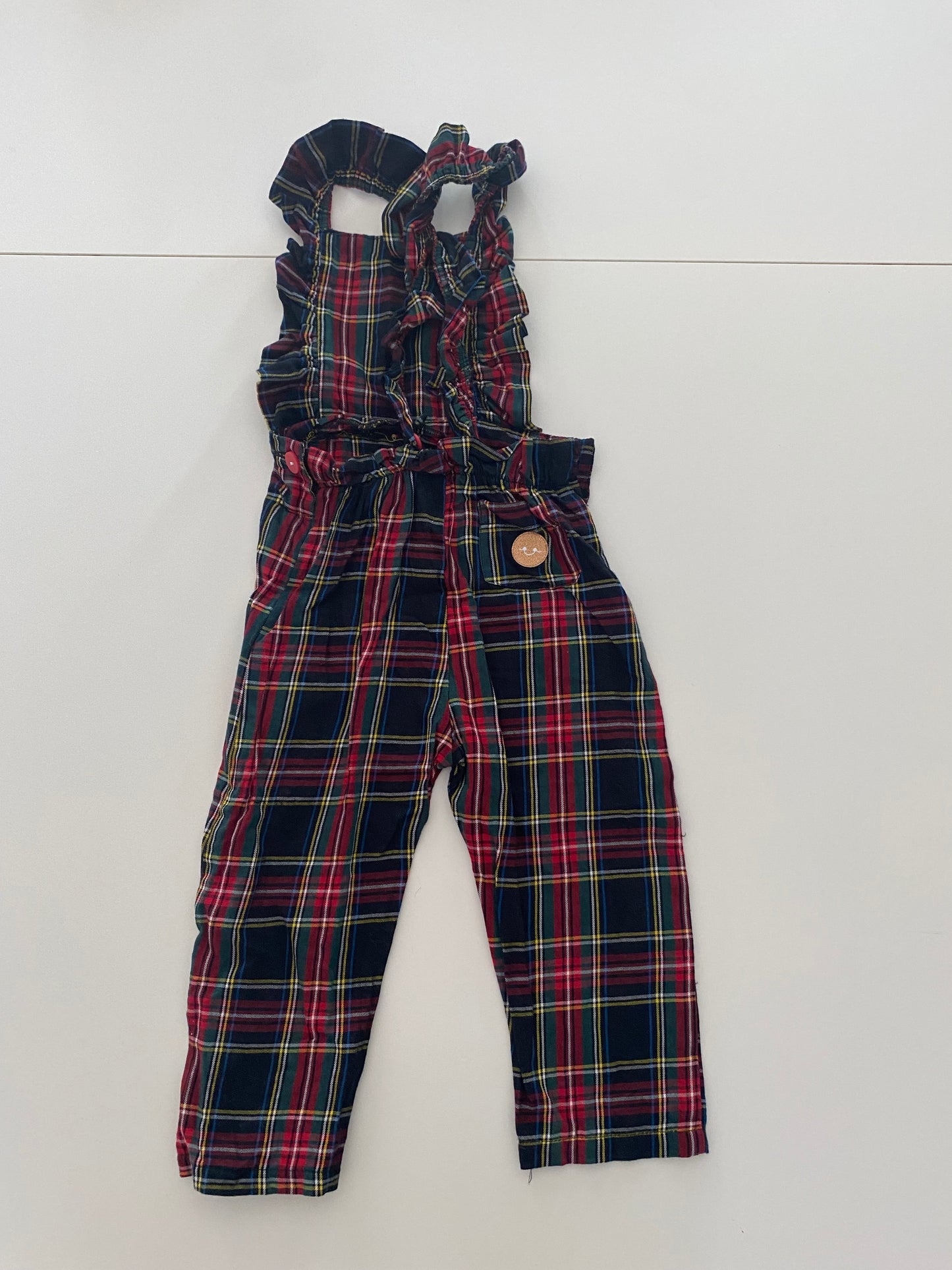 #84B-Girls 2T, Smiling Button Holli Plaid Ruffle Romper, VGUC