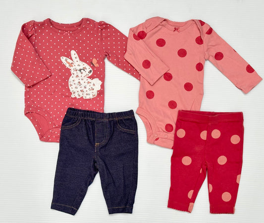 Carters Girls 3m Pink Bunny + Polka Dot Outfit Bundle