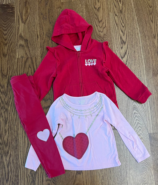 #33 Girls 4T The Children’s Place 3-Piece Set - Red Hooded Zip Up Jacket, Pink Long Sleeve Shirt, Red Long Leggings