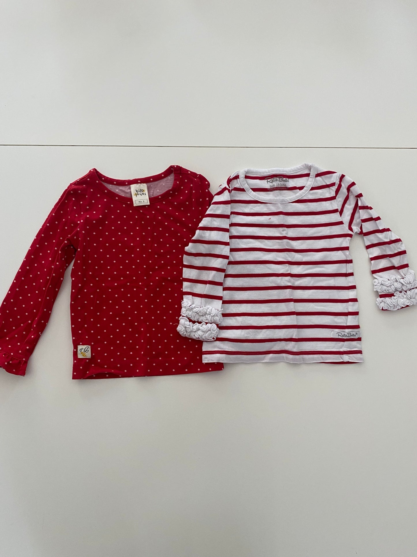 #84B-Girls 18-24M, Wild Flowers red and white dot and Ruffle Butts white/red stripe long sleeved shirt bundle, VGUC