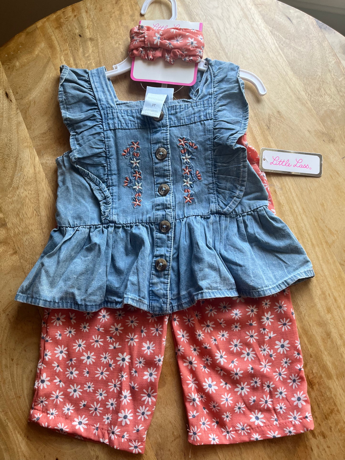 #97- NWT Little Lass 3pc Set top, pants, soft headband - Blue/Floral- Size 3T