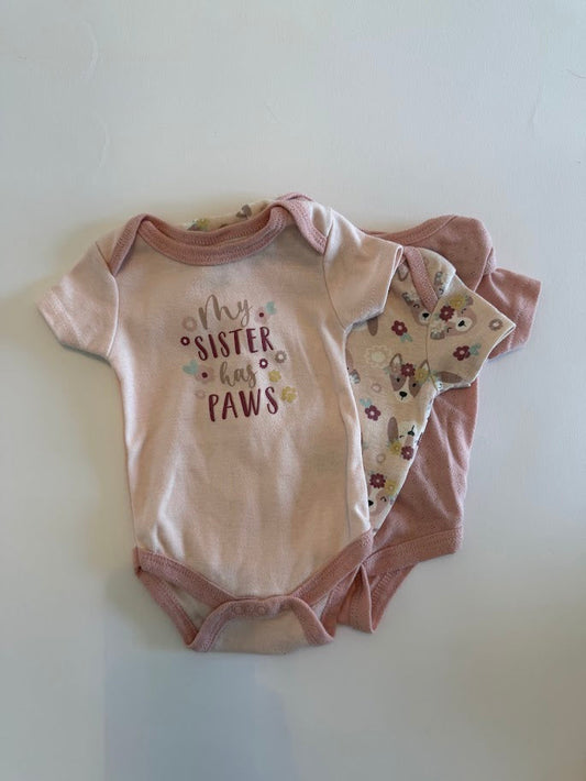 #78 REDUCED Chick Pea 3 Piece Pink Dog Bodysuits Girls 0-3M