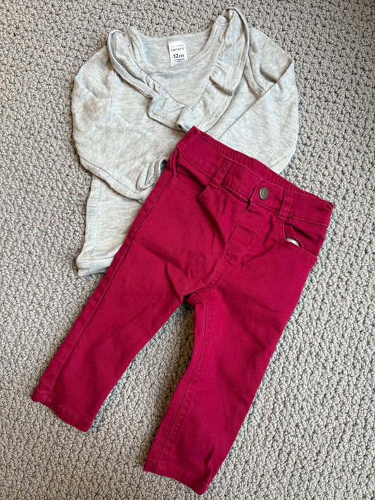 Seller 8 - girls 12 months sweater top & burgundy skinny jeans
