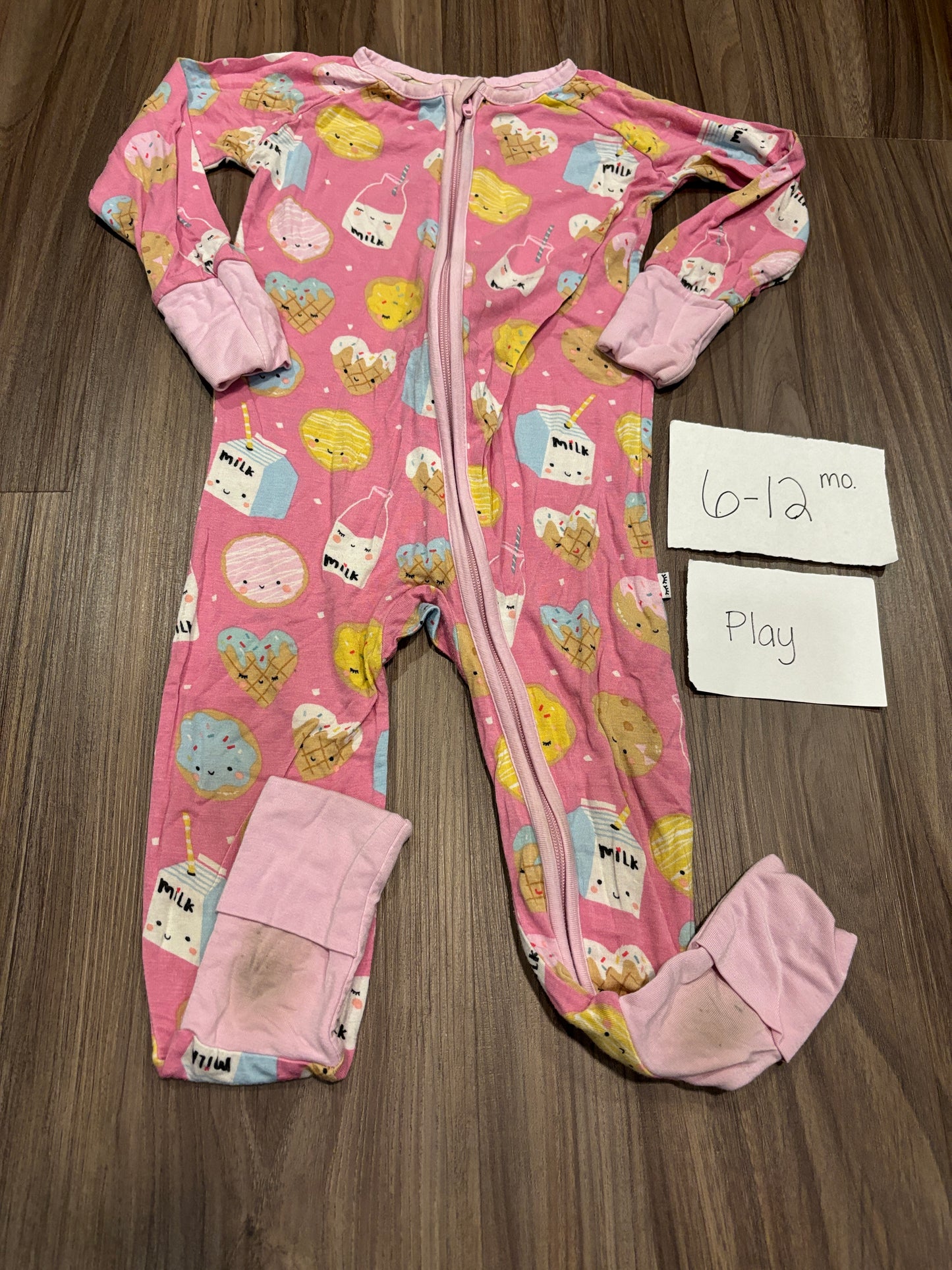 #98B - 6-12 Mo - Little Sleepies (Bamboo) - Pink Milk and Cookies Convertible Zippy PLAY for feet