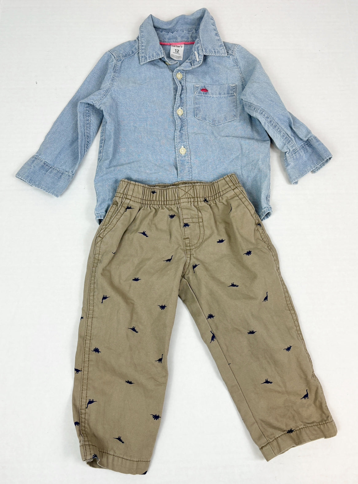 12 months Carters dino set- blue button up and khakis with dinos