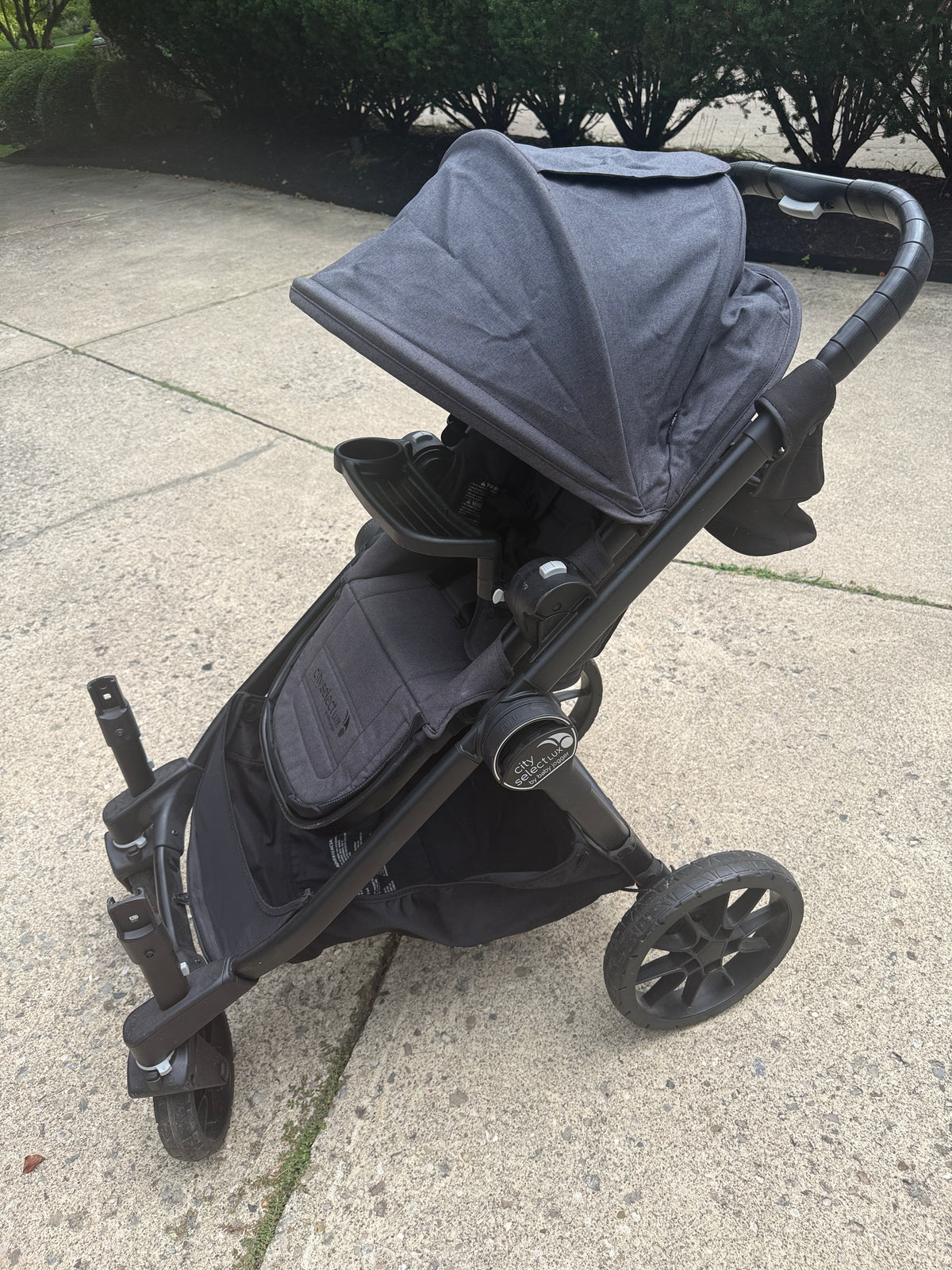 #87 baby jogger city select lux stroller with attachments and second seat, snack tray, and parent console