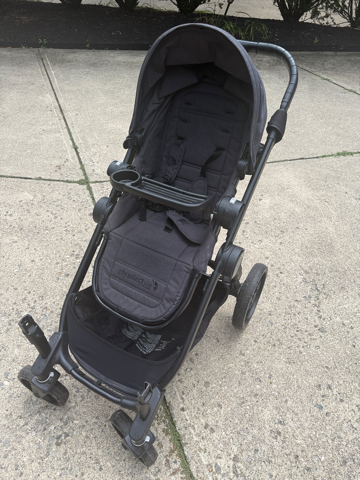 #87 baby jogger city select lux stroller with attachments and second seat, snack tray, and parent console