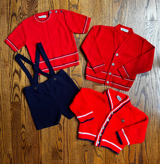 Seller #115 - Saks Fifth Avenue Boys Size 2 Vintage Red & Navy 4 Piece Sweater Set with Short Overalls, GUC