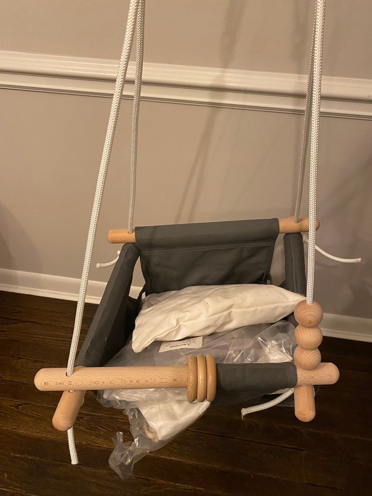 #117, Monkey & Mouse Baby Swing Seat, Secure Canvas, wooden hanging swing chair for baby. New. Grey.