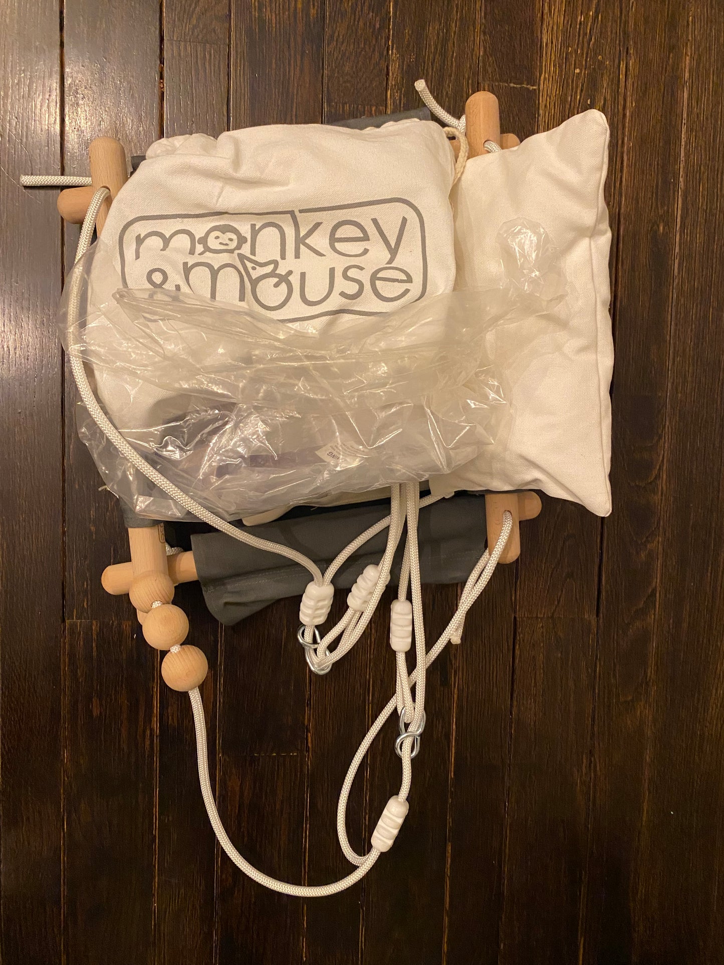 #117, Monkey & Mouse Baby Swing Seat, Secure Canvas, wooden hanging swing chair for baby. New. Grey.