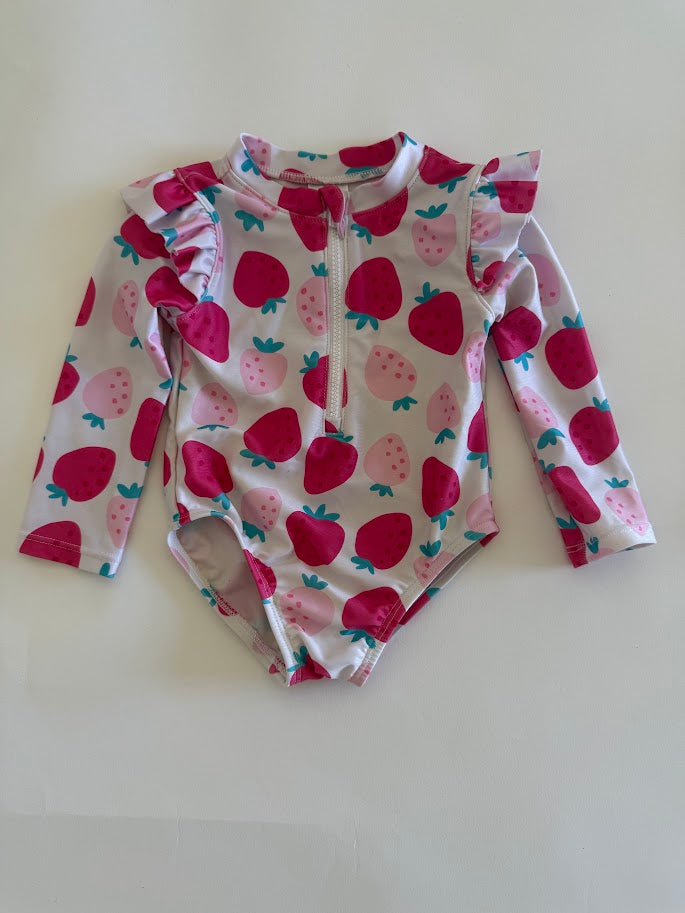 #78 REDUCED  Gerber Long Sleeve Strawberry Swim Suit Girls Size 3-6M