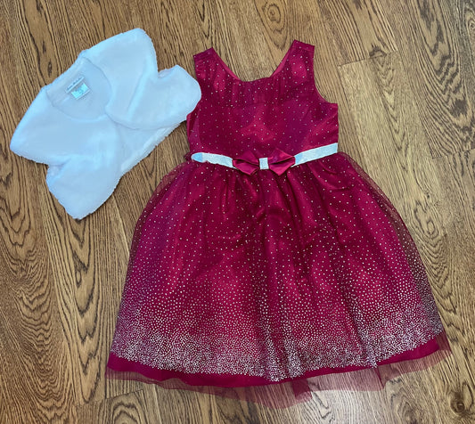 #33 Girls 5T Red Sparkle Dress with White Shaw (Holiday, Christmas)