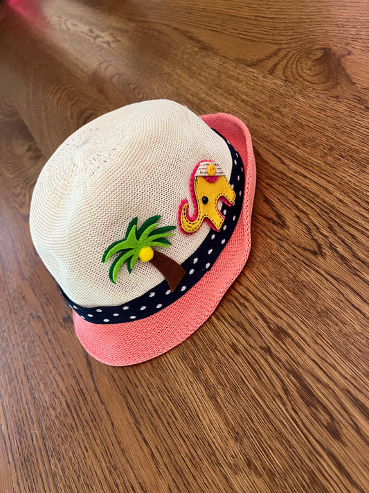 #33 Girls Hat, Elephant and Palm Tree, with pink trim and navy polka dot trim