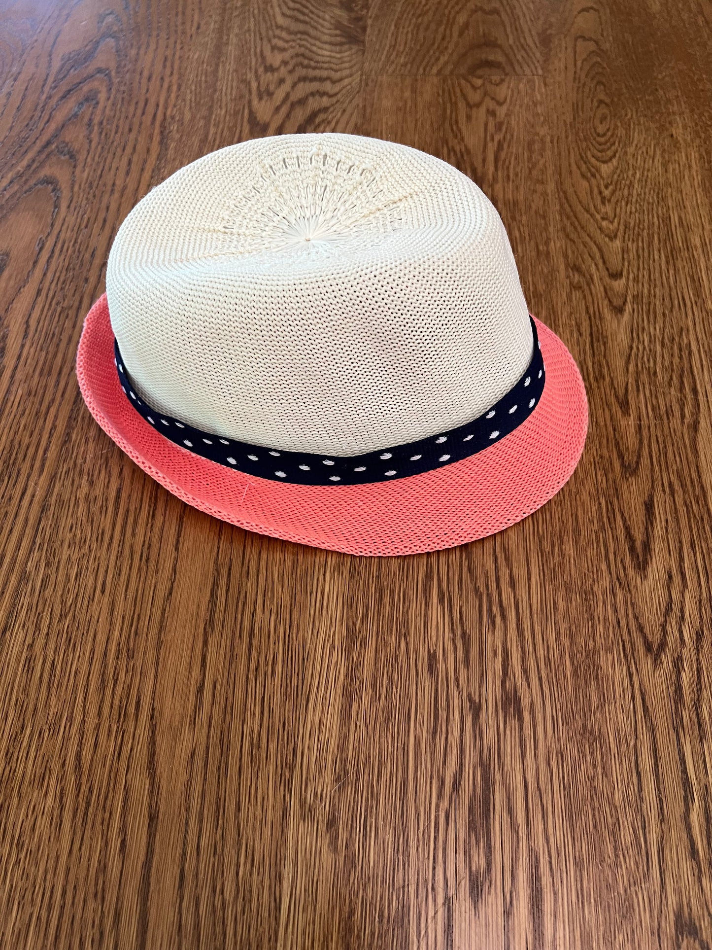 #33 Girls Hat, Elephant and Palm Tree, with pink trim and navy polka dot trim