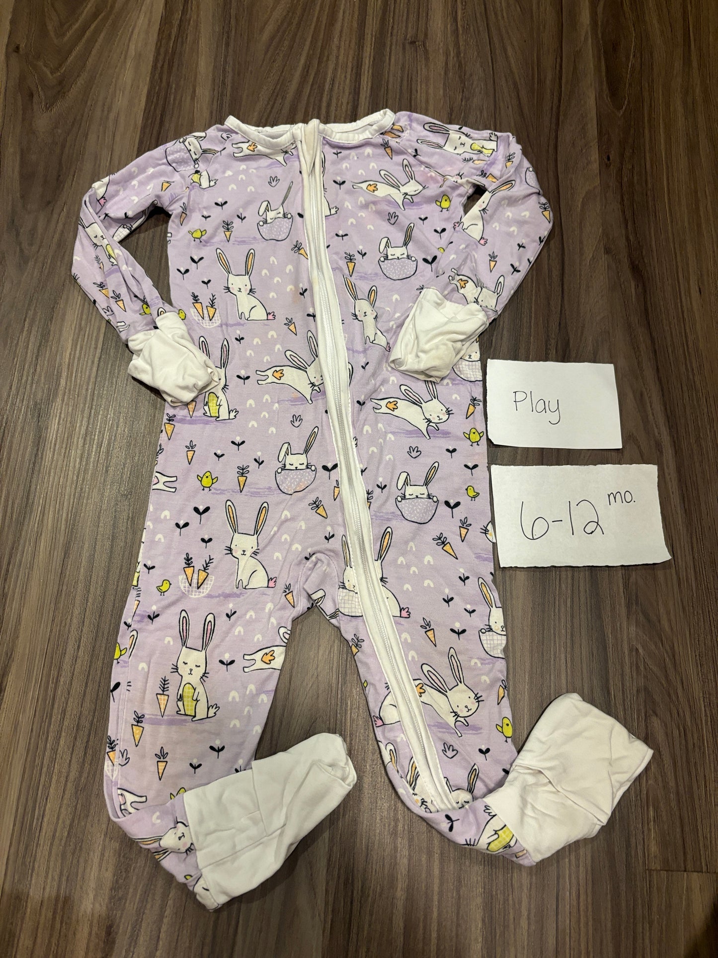 #98B - 6-12 Mo - Little Sleepies - Purple Lavender Bunnies PLAY (small stain - see additional pic)