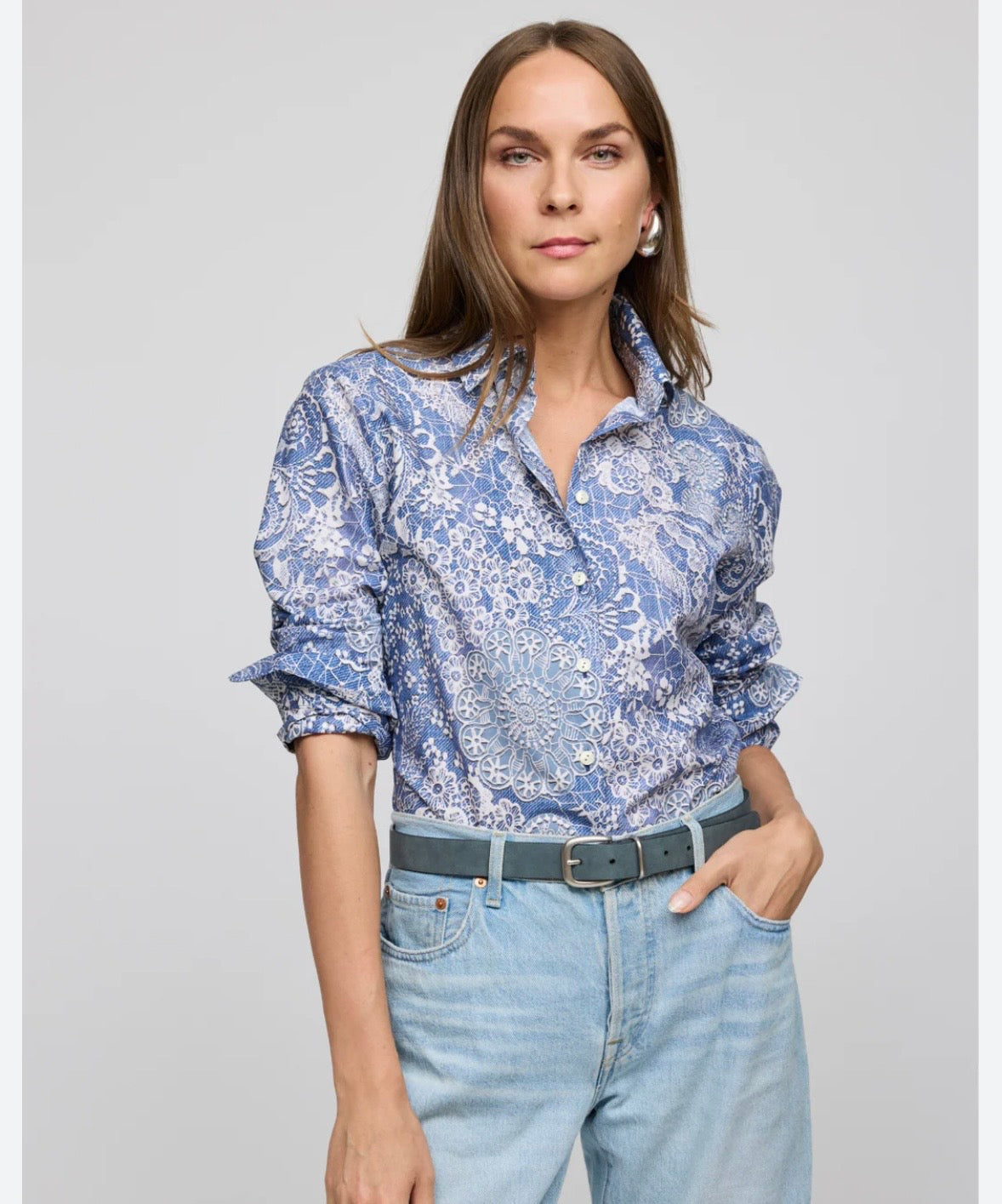 #130 NWT Hinson Wu Womens Sz XL Margot Blue Floral Button-Up Shirt $268