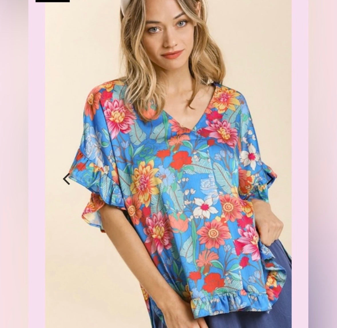 #130 Umgee Susanne Satin Floral Blue Women's Ruffle Top Sz XL