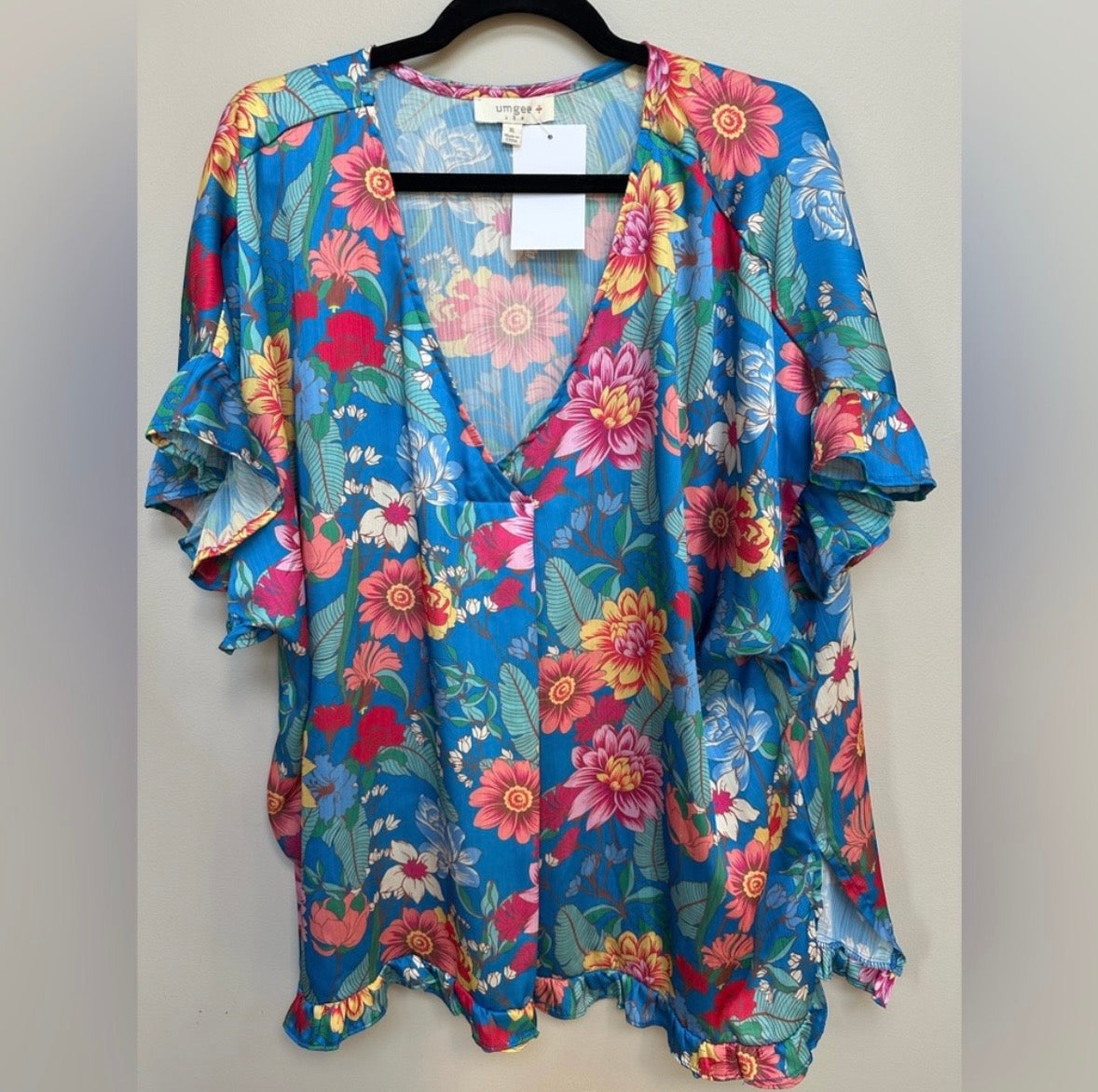#130 Umgee Susanne Satin Floral Blue Women's Ruffle Top Sz XL