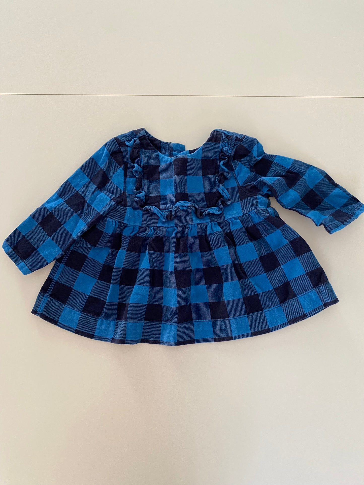 #84B- Hanna Andersson blue /navy Buffalo plaid tunic, size 75, Girls 12-18M, VGUC