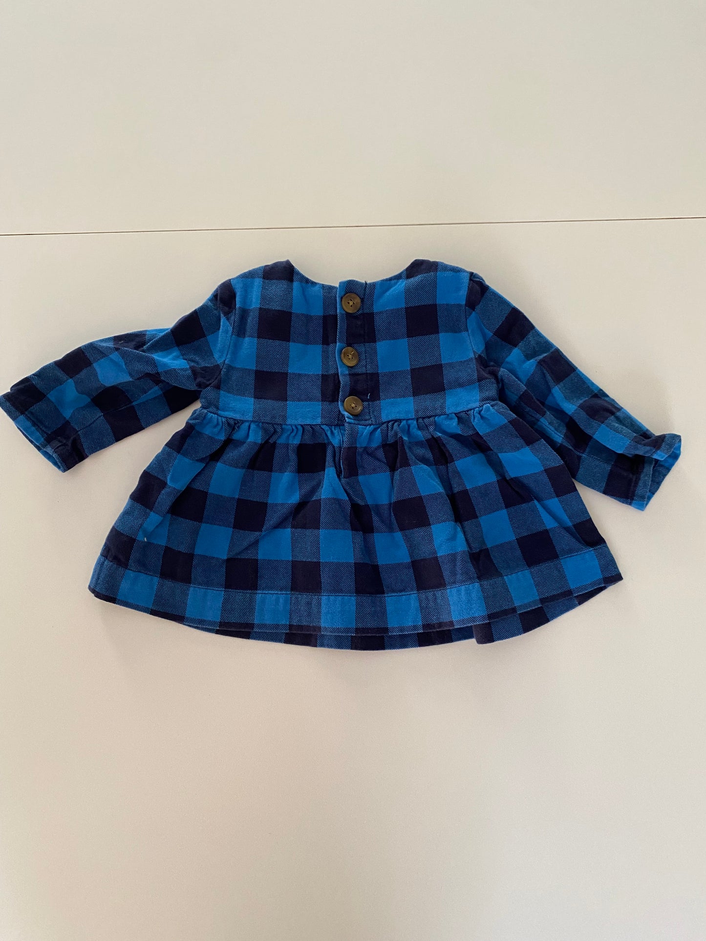 #84B- Hanna Andersson blue /navy Buffalo plaid tunic, size 75, Girls 12-18M, VGUC