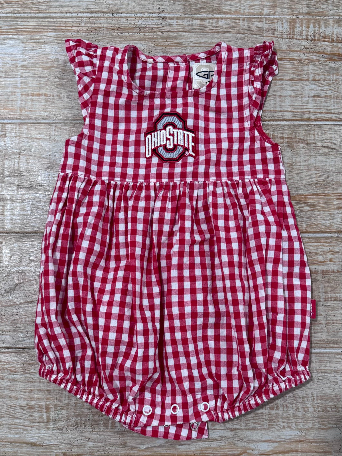 #108 Ohio State OSU Ruffle Gingham Romper 3-6M