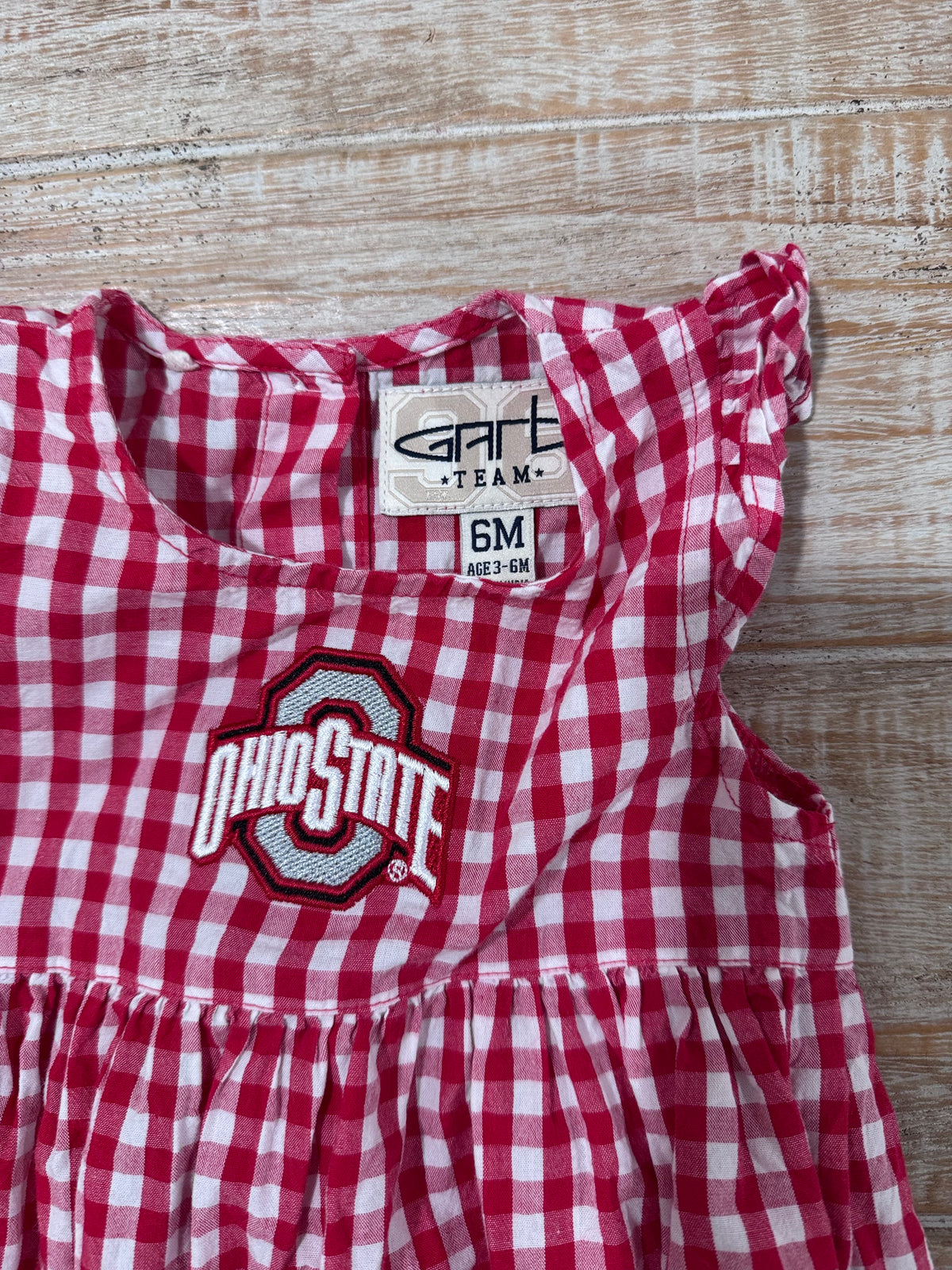 #108 Ohio State OSU Ruffle Gingham Romper 3-6M