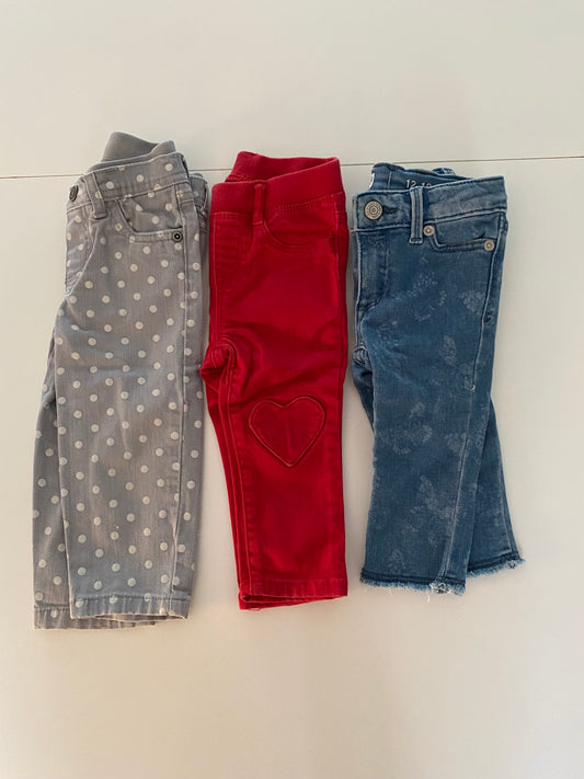 #84B- Toddler girl jean bundle, girls 12-18M, GUC, Gap jeans w/floral detail, Gap red leggings jeans w/heart patch over knee, Carter’s light gray jeans with white polka dots