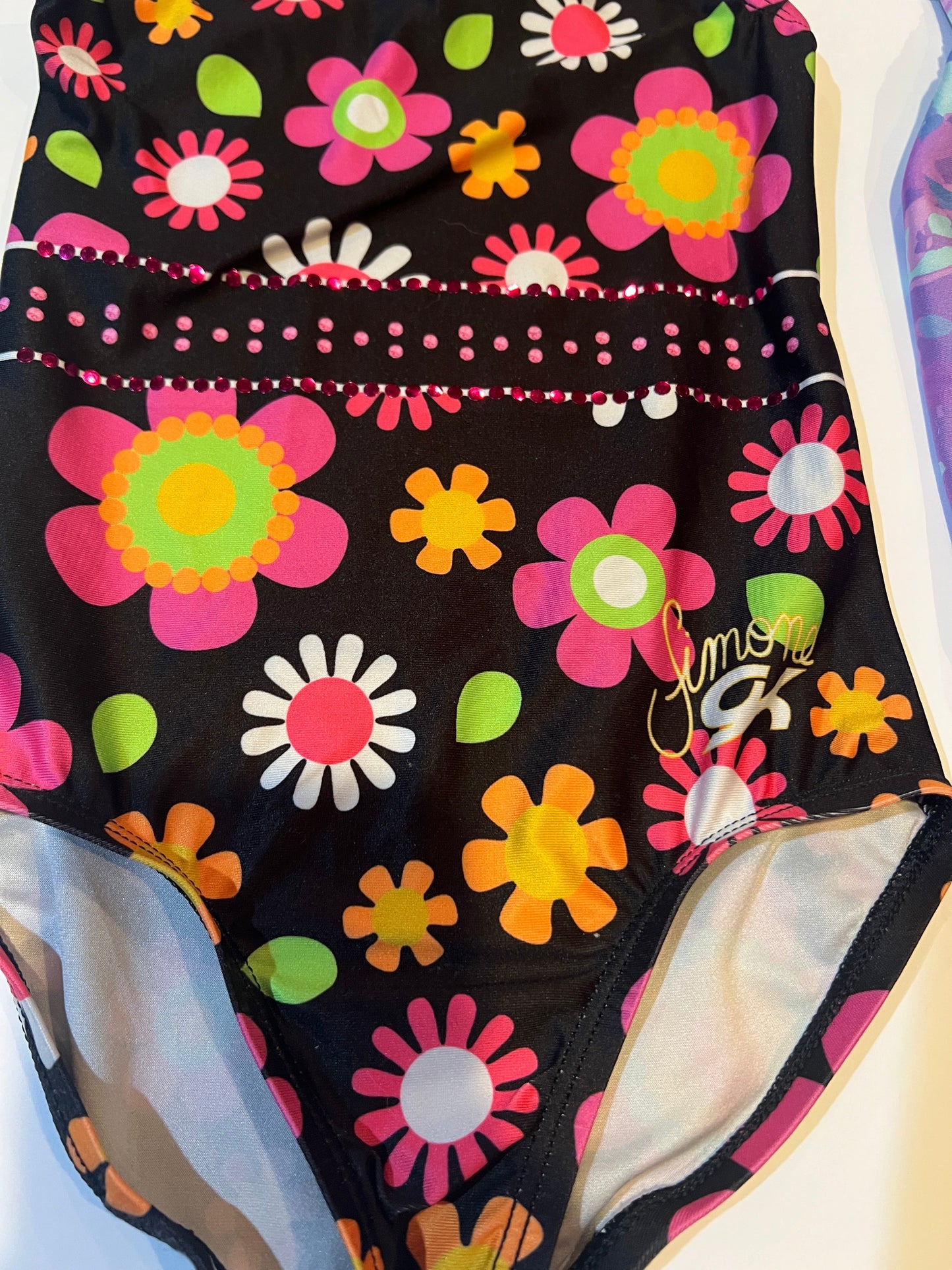 #180 Girls 3T-4T GK Elite Leotard Set (Black Floral and Purple)