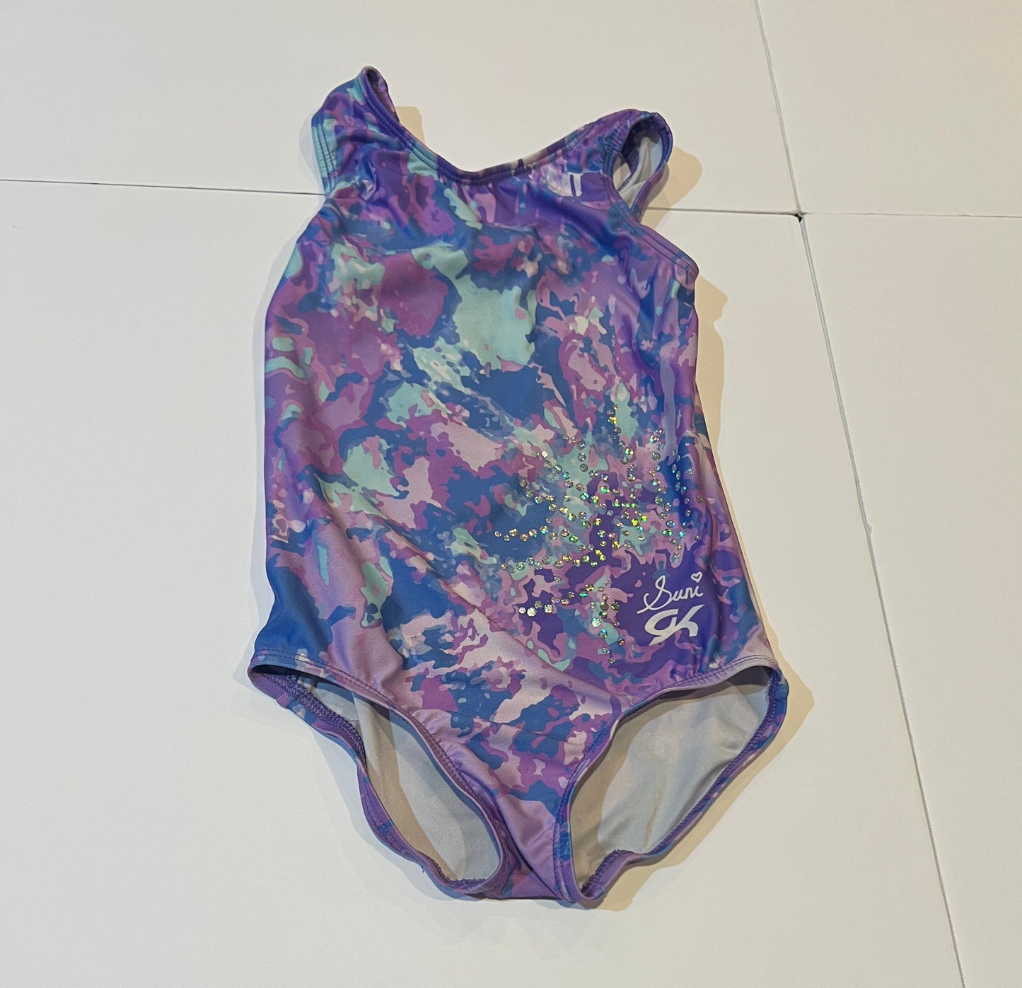 #180 Girls 3T-4T GK Elite Leotard Set (Black Floral and Purple)
