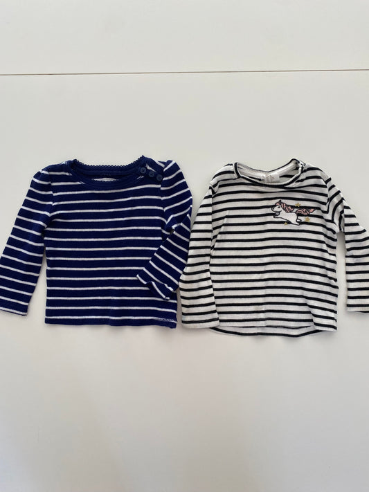 #84B-Girls 12-18M, H&M white/navy stripe w/unicorn ribbed and Old Navy navy/white stripe thermal shirt, VGUC