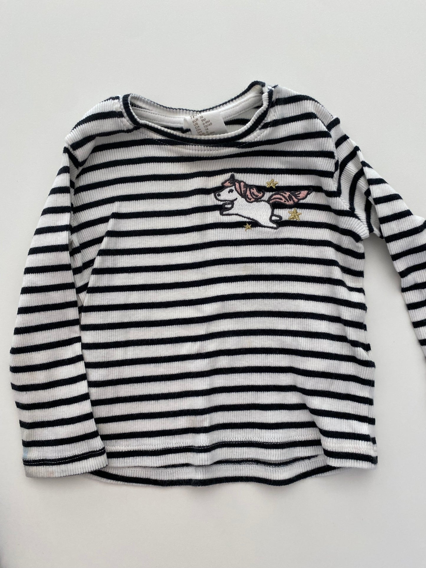 #84B-Girls 12-18M, H&M white/navy stripe w/unicorn ribbed and Old Navy navy/white stripe thermal shirt, VGUC