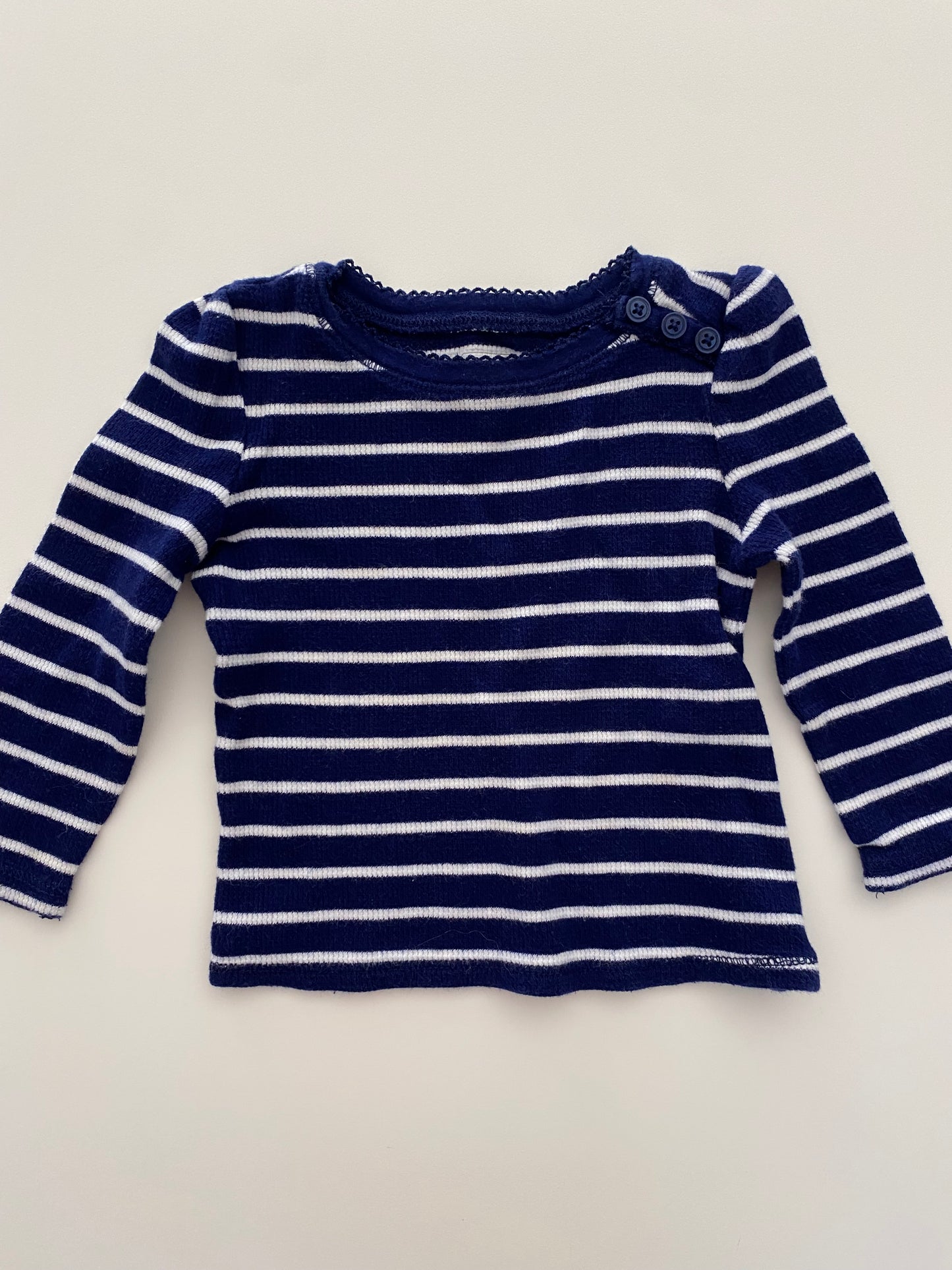 #84B-Girls 12-18M, H&M white/navy stripe w/unicorn ribbed and Old Navy navy/white stripe thermal shirt, VGUC