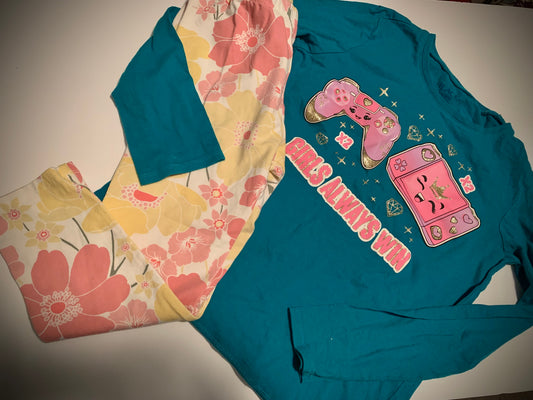 Girls size 10-12 Outfit- Floral Leggings and “Girls Always Win” gamer shirt