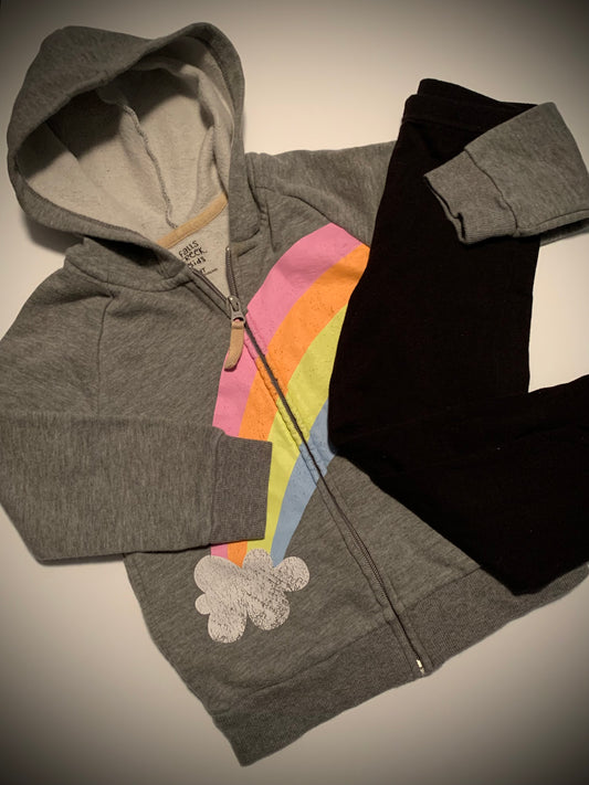 Girls Size 4T Grey Rainbow Zip Up Hoodie Outfit with Solid Black Leggings