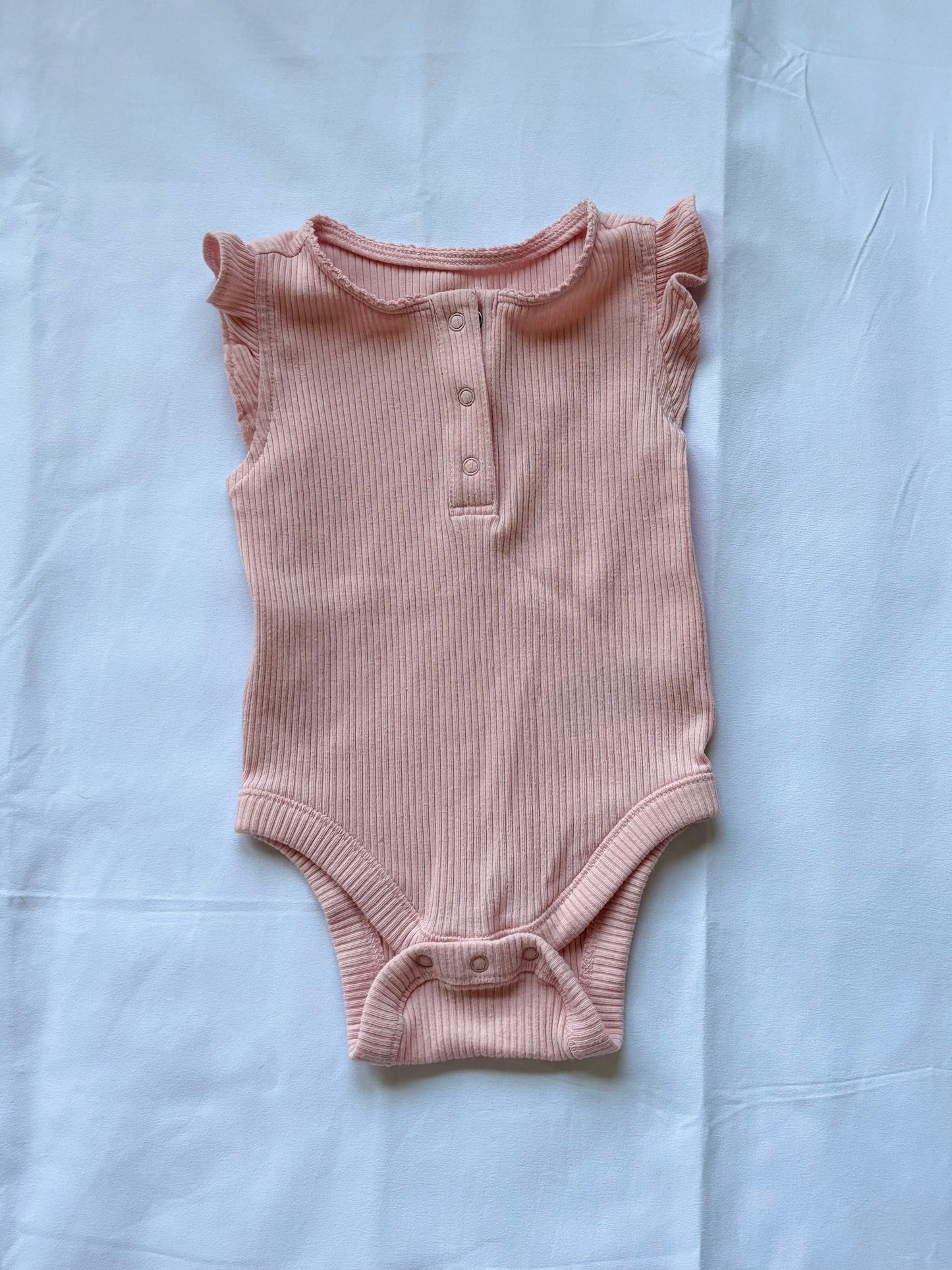 #88 Old Navy Pink Ruffle Shoulder Onesie Girls Size 3-6M