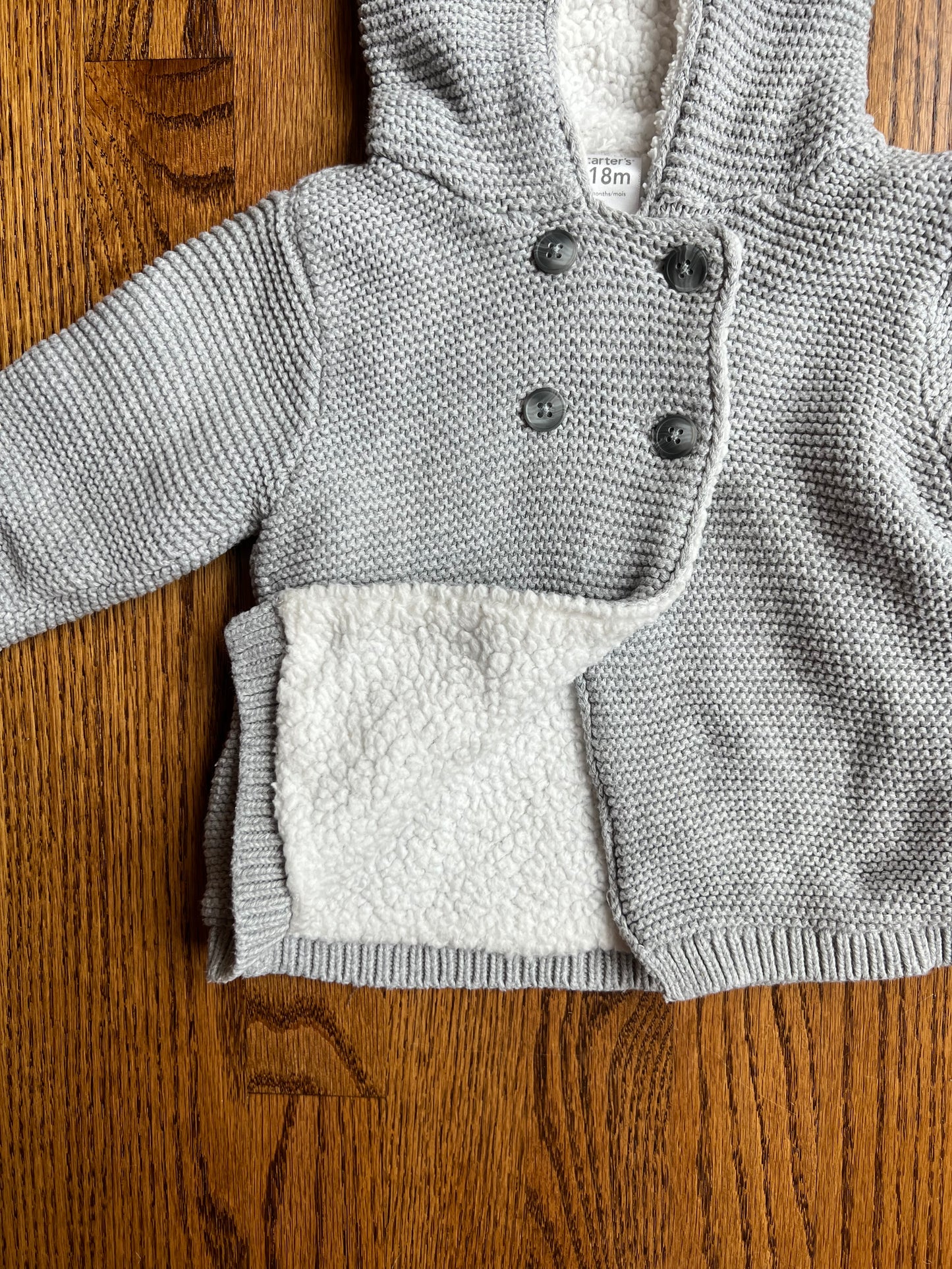 76B - Carters Baby Girl 18M Gray Sweater Jacket, Sherpa-Lined, EUC