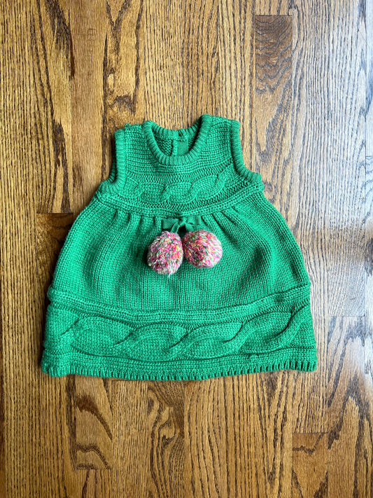 Gymboree Baby Girl 6-12M Greeen Sweater Jumper with Pink Poms, VGUC