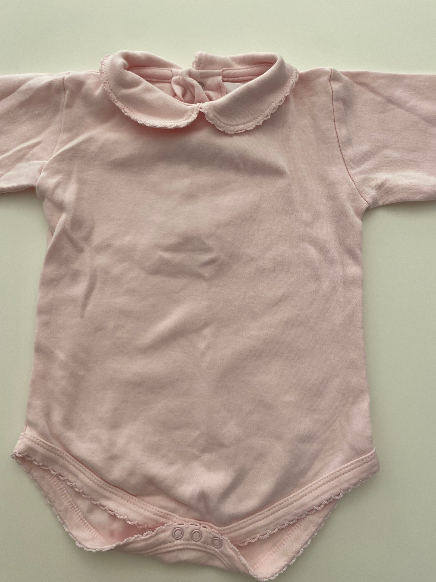 #117- Girls 6-12M, Carlino Pale Pink Peter Pan Collared Onesie, EUC