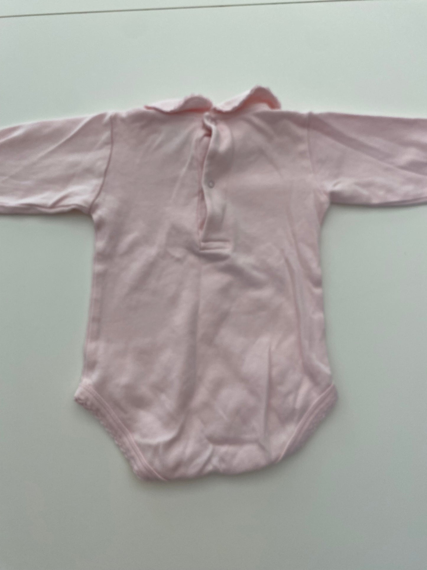 #117- Girls 6-12M, Carlino Pale Pink Peter Pan Collared Onesie, EUC